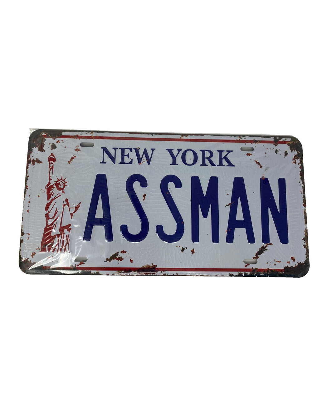 Seinfeld "ASSMAN" novelty license plate — the embossed New York plate replica ma